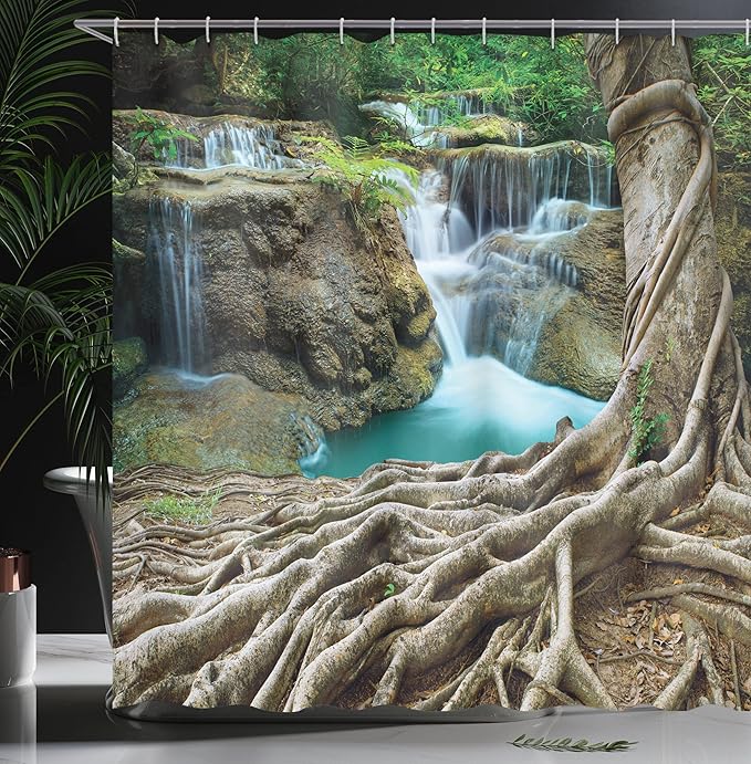 Ambesonne Waterfall Shower Curtain, Aged Tree Roots and Waterfall Landscape in Deep Forest Novelty on Earth, Cloth Fabric Bathroom Decor Set with Hooks, 69" W x 70" L, Blue Green Brown