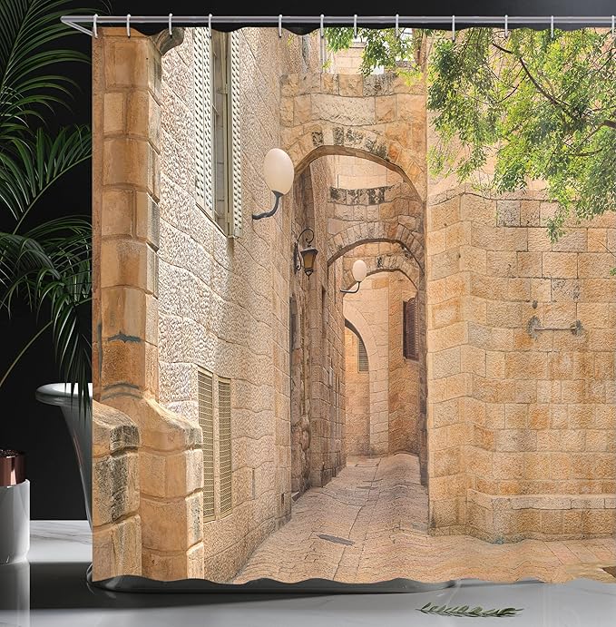 Ambesonne Landscape Shower Curtain, East Orient Architecture Streets Houses Image Art Photo, Cloth Fabric Bathroom Decor Set with Hooks, 69" W x 75" L, Camel