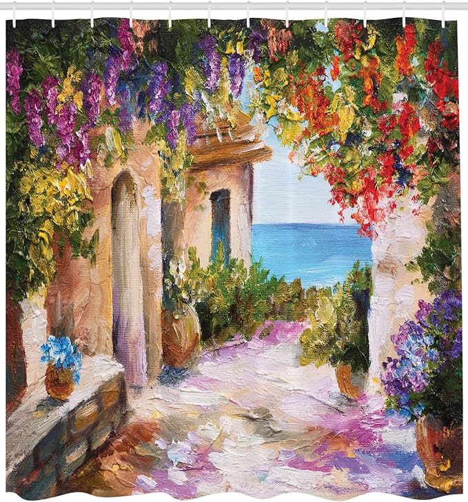 Ambesonne Landscape Shower Curtain, Old Village with Colorful Plants and Flower Gate Greek Houses Artwork, Cloth Fabric Bathroom Decor Set with Hooks,69" W x 84" L, Purple Beige