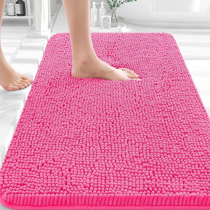 OLANLY Bathroom Rugs 30x18, Extra Soft Absorbent Chenille Bath Rugs, Rubber Backing Quick Dry, Machine Washable Bath Mats for Bathroom Floor, Tub and Shower, Home Decor Accessories, Hot Pink