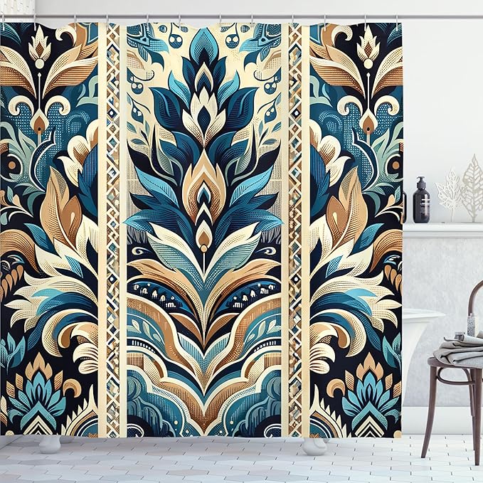 Ambesonne Vintage Shower Curtain, Ethnic Leaves and Flourishing Botanical Balance Folkloric Influences, Cloth Fabric Bathroom Decor Set with Hooks, 69" W x 75" L, Azure Blue and Sand Brown