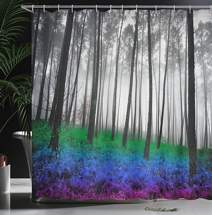 Ambesonne Forest Shower Curtain, Mystical Fantasy Woodland Under Heavy Fog Tall Trees Bushes Contrast Colors, Cloth Fabric Bathroom Decor Set with Hooks, 69" W x 75" L, Blue Green