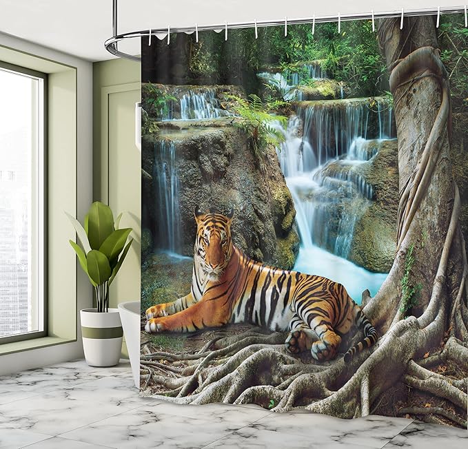 Ambesonne Savannah Shower Curtain, Indochina Tiger Laying Under Banyan Tree Against Limestone Waterfall Nature, Cloth Fabric Bathroom Decor Set with Hooks, 69" W x 70" L, Green