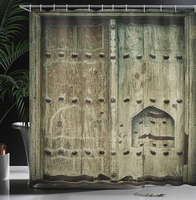 Ambesonne Rustic Shower Curtain, Doors Antique Historical Architecture Inspired Wooden Aged Oriental Design, Cloth Fabric Bathroom Decor Set with Hooks, 69" W x 70" L, Brown Green