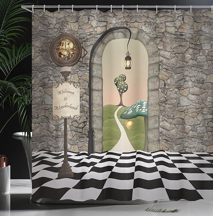 Ambesonne Alice in Wonderland Shower Curtain, Welcome Wonderland Black and White Floor Landscape Mushroom Print, Cloth Fabric Bathroom Decor Set with Hooks, 69" W x 75" L, Black Green