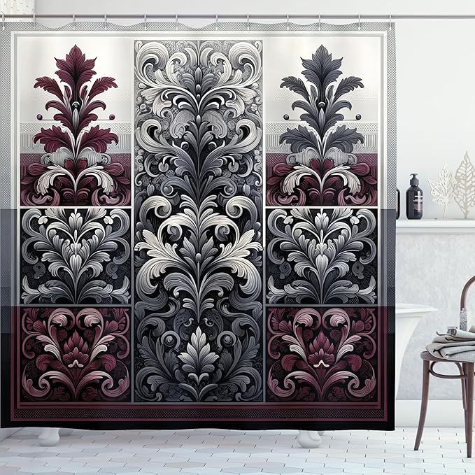 Ambesonne Damask Shower Curtain, Vintage Inspired Opulent Themed Leafy Ornaments Nature Abloom Print, Cloth Fabric Bathroom Decor Set with Hooks, 69" W x 84" L, Maroon and Dark Blue Grey