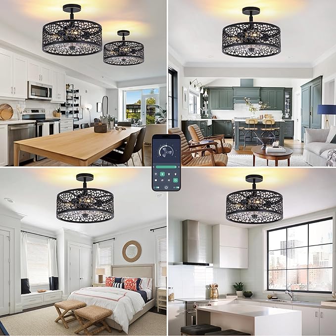 COCOSTAR Farmhouse Chandelier Ceiling Fans with Light:Caged Black Fandelier | Semi Flush Mount,Remote/APP,Sloped Ceiling,15" Rustic Fan with Small Light Fixtures for Living Dining Kitchen Bedroom Foyer