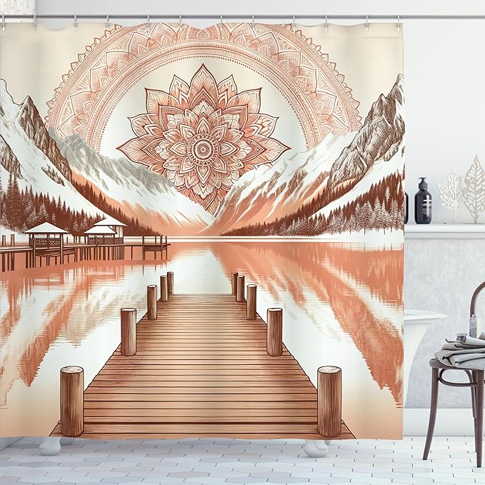 Ambesonne Lake Shower Curtain, Mountains Wooden Pier and Eastern Cultural Mandala in Peachy Colors, Cloth Fabric Bathroom Decor Set with Hooks, 69" W x 70" L, Salmon Redwood and Dark Rust