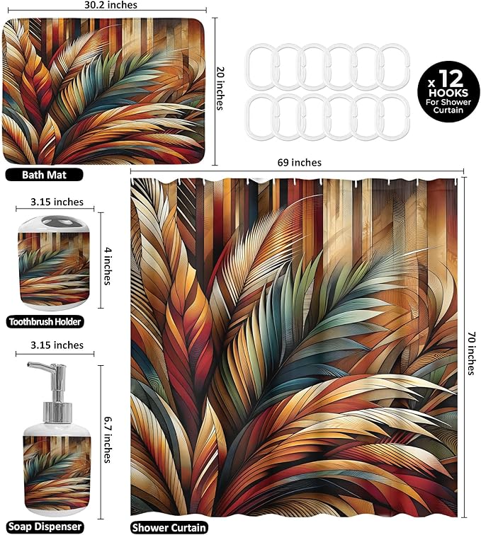 Ambesonne Aesthetic Bathroom Decor Set 4 Pcs Including Shower Curtain with Hooks Bath Mat Soap Dispenser Toothbrush Holder in Box Essentials & Accessories, Boho Rustic Leaves, Burnt Orange Teal Blue