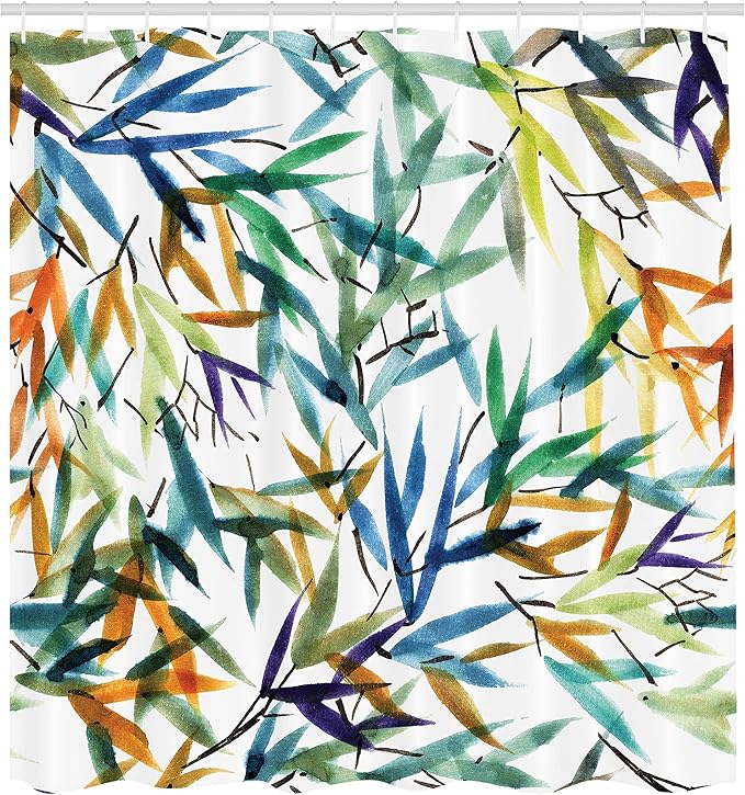 Ambesonne Traditional Shower Curtain, Colorful Bamboo Tree Leaves Hand Drawn Style Plants Picture Print, Cloth Fabric Bathroom Decor Set with Hooks, 69" W x 70" L, Multicolor White