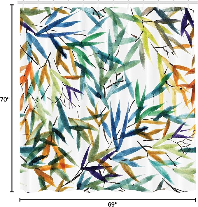 Ambesonne Traditional Shower Curtain, Colorful Bamboo Tree Leaves Hand Drawn Style Plants Picture Print, Cloth Fabric Bathroom Decor Set with Hooks, 69" W x 70" L, Multicolor White