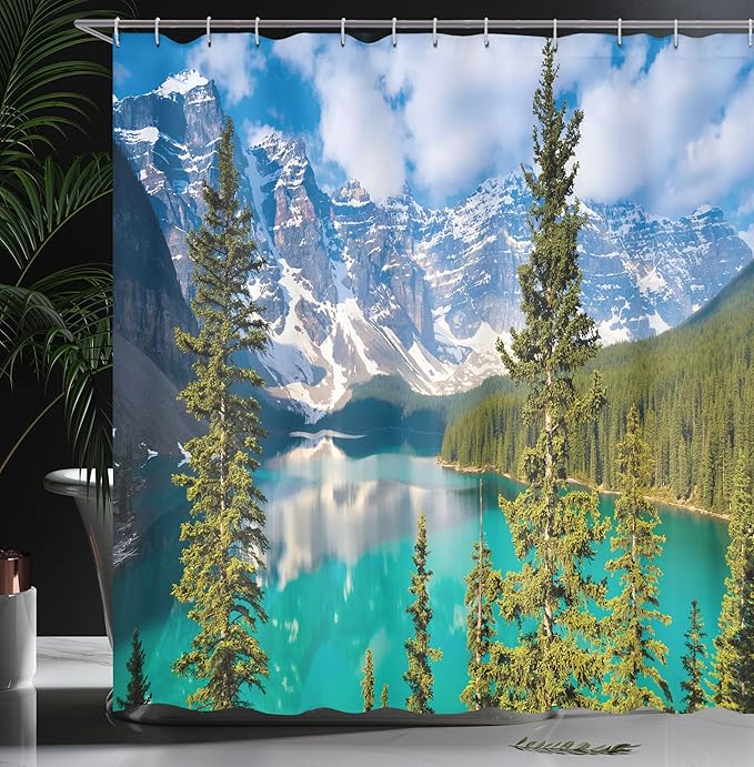 Ambesonne Landscape Shower Curtain, Moraine Lake Rocky Mountains Canada Summer Forest Tall Fresh Trees Image, Cloth Fabric Bathroom Decor Set with Hooks, 69" W x 75" L, Blue Green