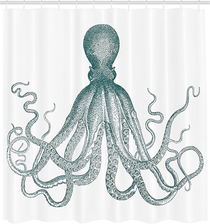 Ambesonne Nautical Shower Curtain, Vintage Engraved Illustration of an Octopus Sea Creature Monochrome Art, Cloth Fabric Bathroom Decor Set with Hooks, 69" W x 70" L, Pale Seafoam
