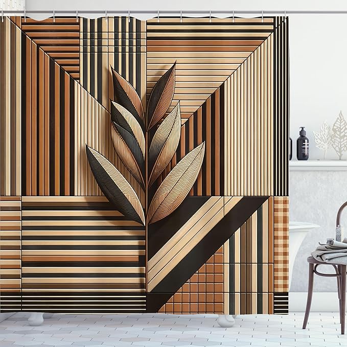 Ambesonne Neutral Shower Curtain, Leafy Branch on Abstract Stripes in Earthy Colors Boho Botanical, Cloth Fabric Bathroom Decor Set with Hooks, 69" W x 75" L, Cinnamon Dark Taupe and Beige