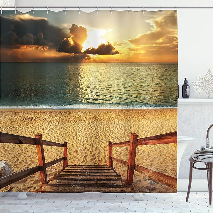 Ambesonne Beach Shower Curtain, Dramatic Beach Scenery with Majestic Rain Cloud Horizon Heaven Paradise Theme, Cloth Fabric Bathroom Decor Set with Hooks, 69" W x 84" L, Orange Cream