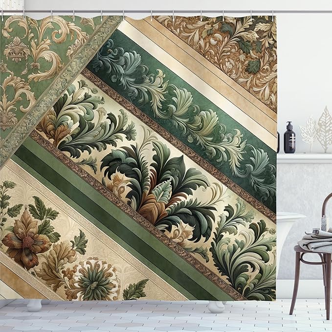 Ambesonne Damask Shower Curtain, Renaissance Style Floral and Botanical Swirly Art Curlicue Leaves Vintage, Cloth Fabric Bathroom Decor Set with Hooks, 69" W x 84" L, Green Pastel Brown