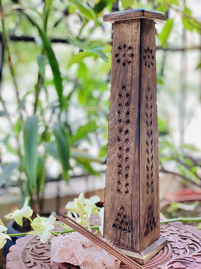 Wooden Incense Stick & Cone Burner Holder Tower Large Organic Eco Friendly Ash Catcher Agarbatti Holder Rustic Style Hand Carved for Meditation Yoga Aromatherapy Home Fragrance Products