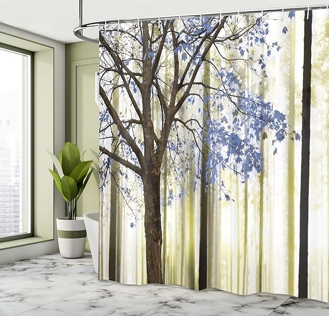 Ambesonne Autumn Shower Curtain, Picture of a Lonely Tree Leaves on an Abstract Woodland Background Print, Cloth Fabric Bathroom Decor Set with Hooks, 69" W x 84" L, Night Violet
