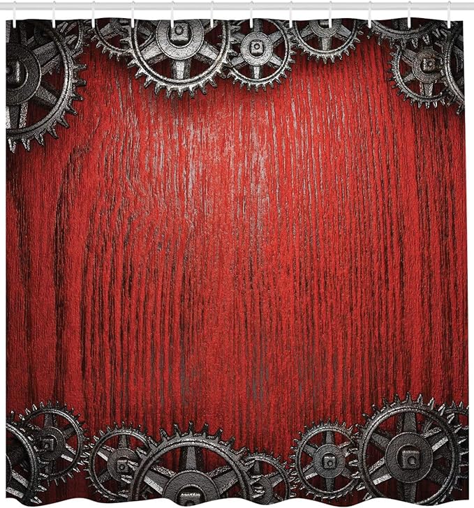 Ambesonne Industrial Shower Curtain, Gear Wheels on The Wooden Background Penal Cogwheel Clockwork Arrangement, Cloth Fabric Bathroom Decor Set with Hooks, 69" W x 75" L, Black Dimgrey