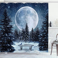 Ambesonne Winter Shower Curtain, Dreamy Cold Night a Big Full Moon and Bench Park Stars in The Darkness, Cloth Fabric Bathroom Decor Set with Hooks, 69" W x 70" L, White Blue