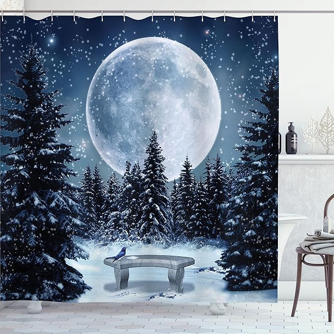 Ambesonne Winter Shower Curtain, Dreamy Cold Night a Big Full Moon and Bench Park Stars in The Darkness, Cloth Fabric Bathroom Decor Set with Hooks, 69" W x 70" L, White Blue