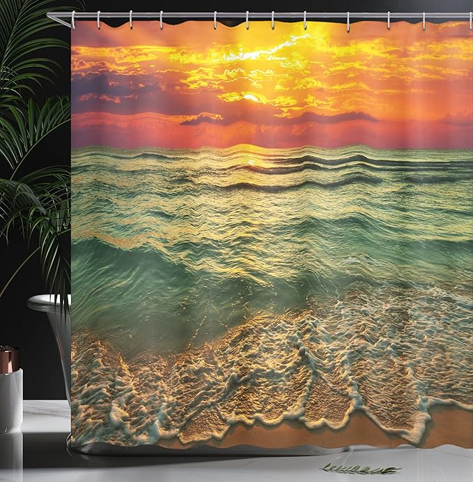 Ambesonne Ocean Shower Curtain, Serenity View of Mystic Sunset at Dusk Dense Clouds Wavy Sea and Beach, Cloth Fabric Bathroom Decor Set with Hooks, 69" W x 70" L, Brown Orange