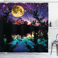 Ambesonne Purple Shower Curtain, Lake Moonlight Stars in Night Sky with Trees Contemporary Modern Design, Cloth Fabric Bathroom Decor Set with Hooks, 69" W x 75" L, Dark Colors