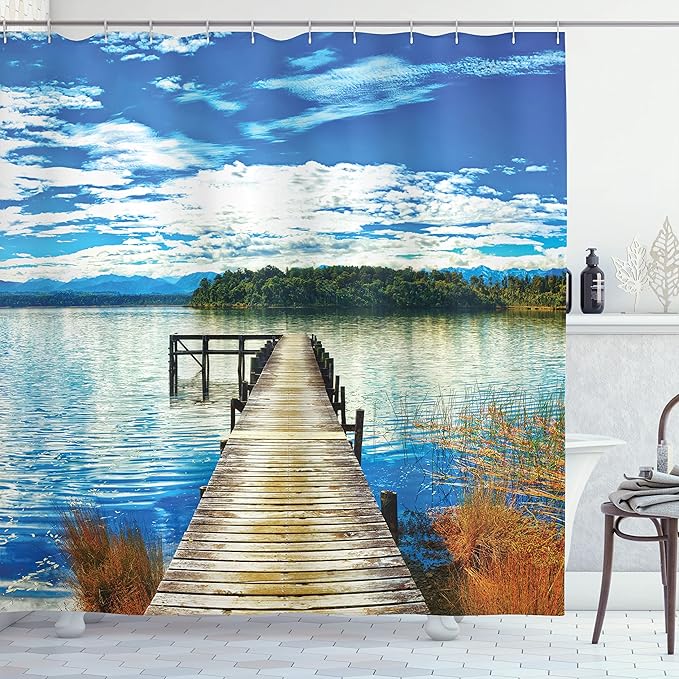 Ambesonne Beach Shower Curtain, Countryside with Lake Trees Pier Cloudy Summer Sky Water Reflection Rural, Cloth Fabric Bathroom Decor Set with Hooks, 69" W x 75" L, Green Orange