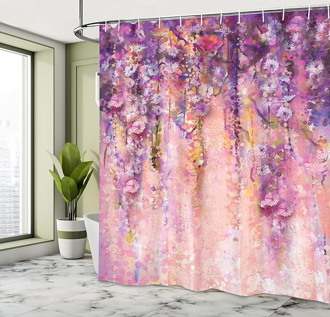 Ambesonne Watercolor Flower Shower Curtain, Wisteria Tree in Full Blossom Romantic Spring Over Bokeh Background, Cloth Fabric Bathroom Decor Set with Hooks, 69" W x 70" L, Purple Peach
