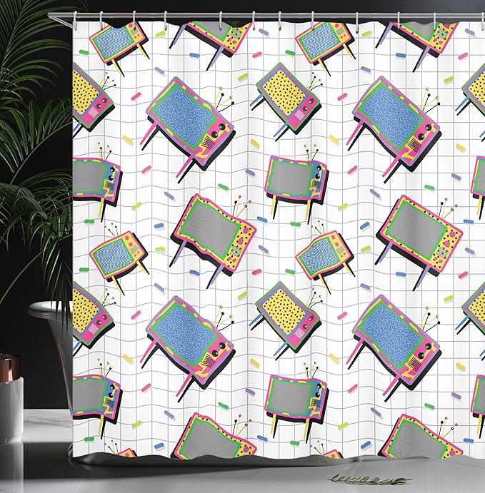 Ambesonne Vintage Shower Curtain, Funny Retro 80s Memphis Neon Color TV with Background Cartoon Style Vintage Design, Cloth Fabric Bathroom Decor Set with Hooks, 69" W x 70" L, Grey Aqua