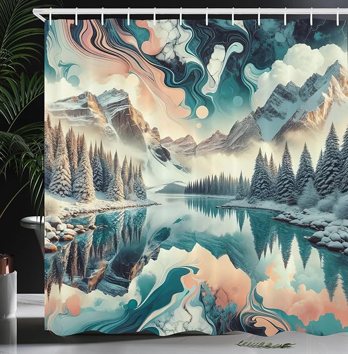 Ambesonne Lake Shower Curtain, Watercolor Effect Dreamy Vibe Woodland and Mountain Scene Print with Clouds, Cloth Fabric Bathroom Decor Set with Hooks, 69" W x 75" L, Cadet Blue Peach Teal