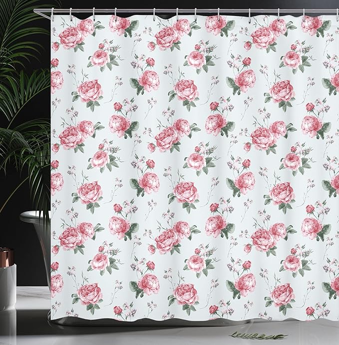 Ambesonne Shabby Flora Shower Curtain, Romantic Spring Summer Flowers Garden Roses with Leaves Art, Cloth Fabric Bathroom Decor Set with Hooks, 69" W x 70" L, Almond Green Pale Pink