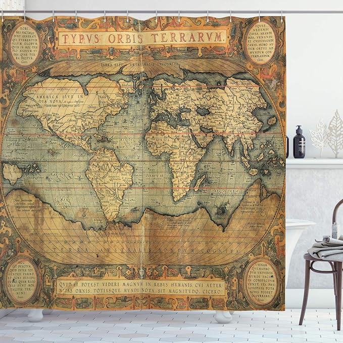 Ambesonne Map Print Shower Curtain, Vintage 16th Century Map of The World History Adventure Civilization, Cloth Fabric Bathroom Decor Set with Hooks, 69" W x 70" L, Army Green Sand Brown