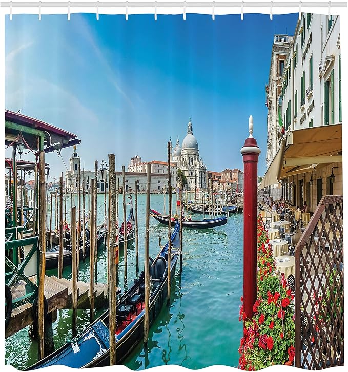 Ambesonne Scenery Shower Curtain, Gondola on Canal Grande Architecture Background Sunny Day Venice Image Print, Cloth Fabric Bathroom Decor Set with Hooks, 69" W x 70" L, Multicolor
