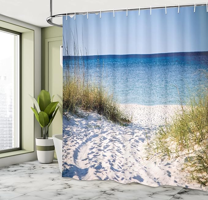 Ambesonne Beach Shower Curtain, Path to The Beach with a Clear Sky and Bushes Grasses Windy Sunny Day by The Peaceful Gulf of Mexico, Cloth Fabric Bathroom Set with Hooks, 69" W x 75" L, White Green