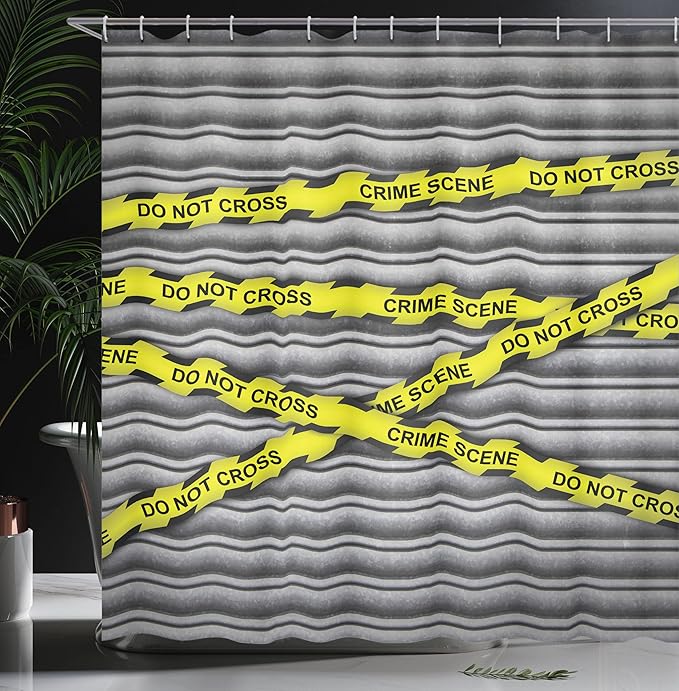 Ambesonne Police Shower Curtain, Crime Scene Investigation Do Not Pass Yellow Wraps Words Work of Art Print, Cloth Fabric Bathroom Decor Set with Hooks, 69" W x 70" L, Yellow Black Grey