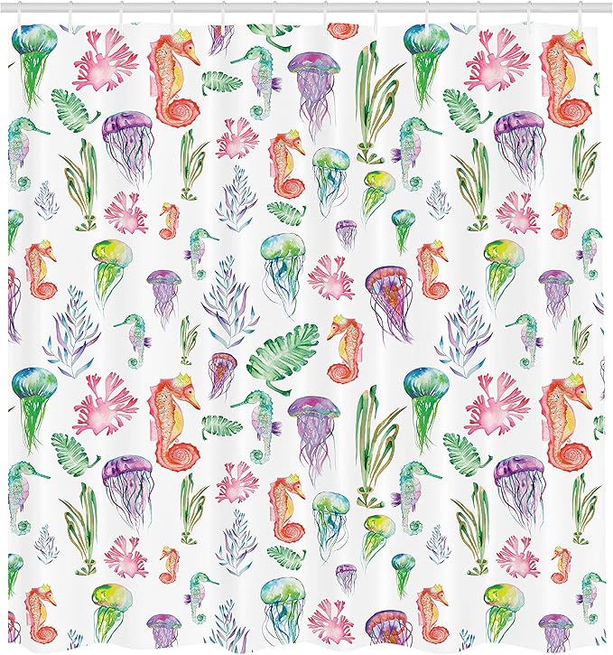 Ambesonne Jellyfish Shower Curtain, Colorful Seahorses Jellyfish and Seaweed Algae Fun Underwater Design Pattern, Cloth Fabric Bathroom Decor Set with Hooks, 69" W x 84" L, Green Pink