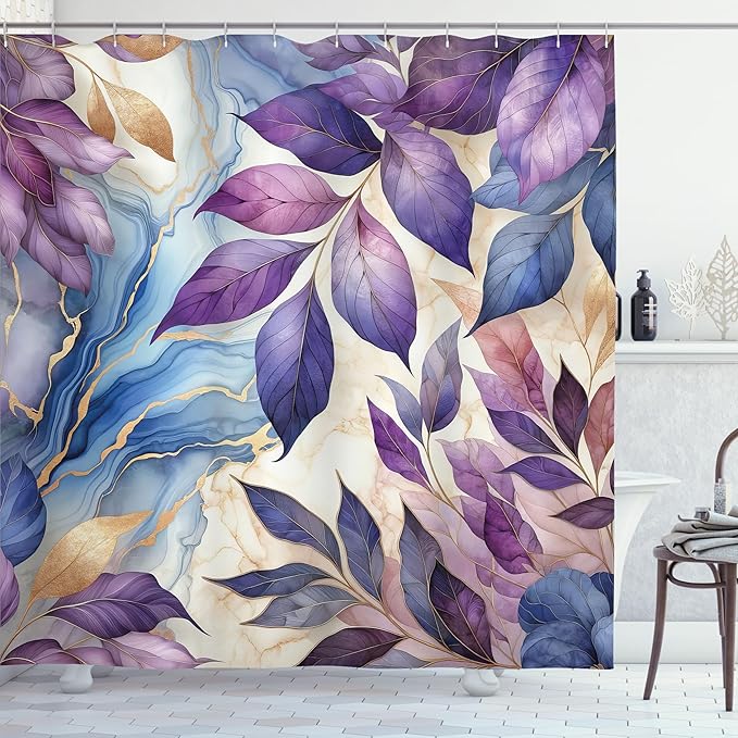 Ambesonne Purple Shower Curtain, Leaves Dancing in The Wind Art on a Marble Print Background in Warm Tones, Cloth Fabric Bathroom Decor Set with Hooks, 69" W x 70" L, Quartz Lilac Mauve