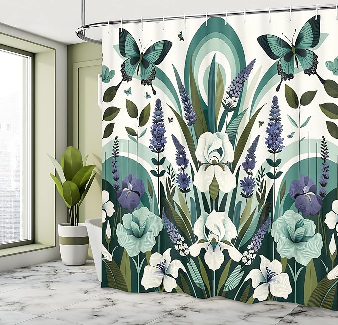 Ambesonne Teal Shower Curtain, Curving Leaves and Floral Mirage with Iris Lavender Eucalyptus Butterfly, Cloth Fabric Bathroom Decor Set with Hooks, 69" W x 75" L, Seafoam Jade Green Ivory