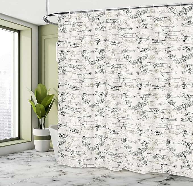 Ambesonne Airplane Shower Curtain, Old Fashioned Transportation Hand Drawn Style Vintage Pattern, Cloth Fabric Bathroom Decor Set with Hooks, 69" W x 70" L, Olive Green Tan