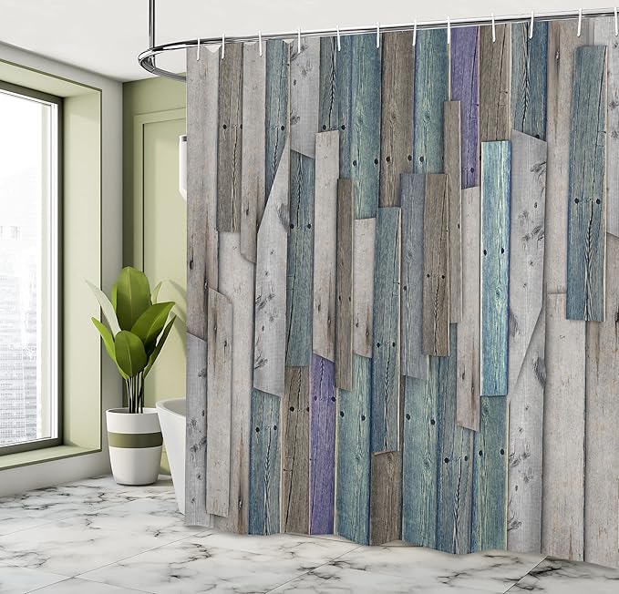 Ambesonne Rustic Shower Curtain, Grunge Wood Planks Barn Farm Log Cabin House Decor Themed, Bathroom Accessories Set with 12 Hooks Cloth Fabric for Master Bathroom, 69" W x 84" L, Umber Pale Teal Plum