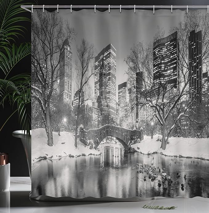Ambesonne Landscape Shower Curtain, Cityscape New York City in Winter Central Park Snowy Buildings Photo Art, Cloth Fabric Bathroom Decor Set with Hooks, 69" W x 75" L, Dimgrey