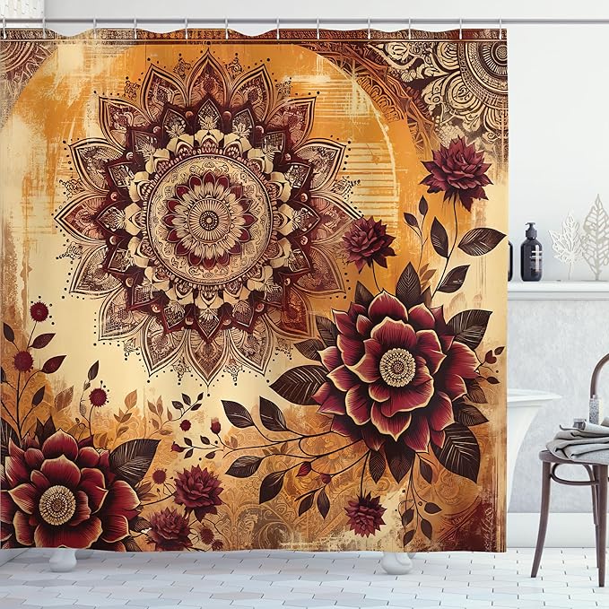 Ambesonne Boho Floral Shower Curtain, Vintage Exotic Bohemian Vibe Monochrome Mandala and Flowers Print, Cloth Fabric Bathroom Decor Set with Hooks, 69" W x 75" L, Pale Cinnamon Mustard