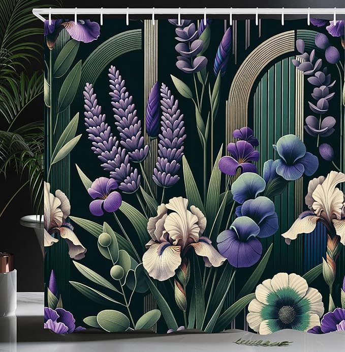 Ambesonne Lavender Shower Curtain, Mid Century Modern Boho Arch Details Jungle Atmosphere Blooming Flowers, Cloth Fabric Bathroom Decor Set with Hooks, 69" W x 70" L, Eggshell Green Purple