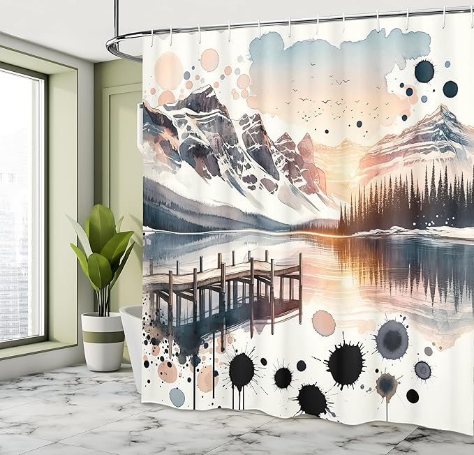 Ambesonne Lake Shower Curtain, Surreal Mountain Landscape Illustration Abstract Paint Splatter Blots, Cloth Fabric Bathroom Decor Set with Hooks, 69" W x 75" L, Peach and Pale Slate Blue