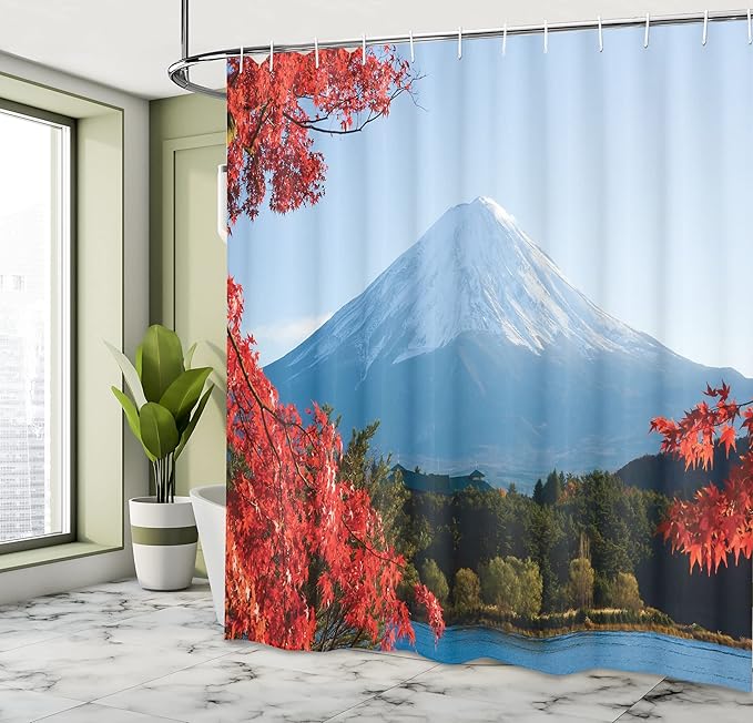 Ambesonne Landscape Shower Curtain, Mountain Fiji with Snowcapped Summit and Lake Maple Trees in Autumn, Cloth Fabric Bathroom Decor Set with Hooks, 69" W x 70" L, Paprika Blue and Green