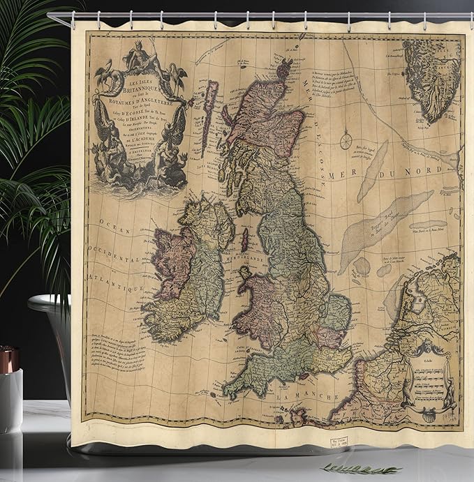 Ambesonne Scenery Shower Curtain, British Islands Scotland England European History Britain Grungy Art, Cloth Fabric Bathroom Decor Set with Hooks, 69" W x 75" L, Pale Brown Green and Pink