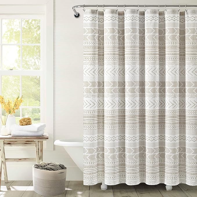 Lush Decor Hygge Geo Shower Curtain, 72" W x 72" L, Taupe/White - Curtain For Bathroom - Striped Bathroom Decor - Netural Color Home Accessories - White Home Accessories - Geometric Scandinavian Print
