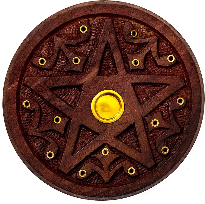 Pentagram Incense Holder - Handcrafted Incense Burner fits 15 Incense Sticks and 1 Incense Cone - Carved Wood, Brass Holders - 5 Inches Wide