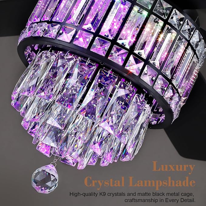 Kviflon 52 Inch Crystal Ceiling Fan with RGB Lights, Black Fandelier Ceiling Fan with Light and Remote/APP Control, Modern Chandelier Ceiling Fan for Bedroom Living Room, Quiet DC Motor, Dimmable LED
